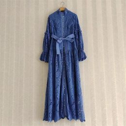 Casual Dresses Floral Hollow Out Women Lace Dress 2023 Arrive Puff Sleeve Female Long With Belt