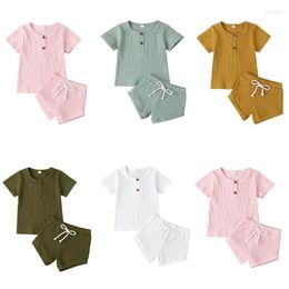 Clothing Sets 6-24M Summer Infant Born Baby Girls Boys Short Sleeve Solid Color Ribbed Top T Shirt Shorts 2pcs Clothes Set