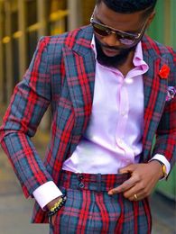 Men's Suits Blazers Red Men TailorMade 2 Pieces Blazer Pants Plaid Stripes Wide Lapel Gentle Slim Business Wedding Plus Size Tailored 230222