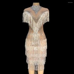 Stage Wear Sparkly Rhinestones Crystal Tassel Dress Women Birthday Celebrate See Through Mesh Party Dresses Fringes Costume Dance