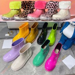 Designer Rainboots Waterproof boots translucence Pvc one-piece Moulding Red orange and blue 7mm sheep fur insole Detachable cotton