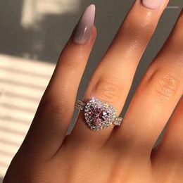 Wedding Rings French Romantic Set Zircon Pink Gem Heart Ring For Women's Engagement Silver Gift Jewellery Anillo Femenino