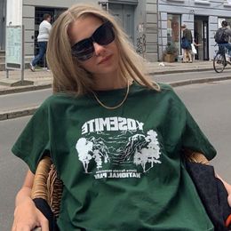Women's Knits Tees Sweet and Spicy Top Dark Green T Shirt Female Letter Forest Print Short Sleeve Lnst Student Loose Style 230222