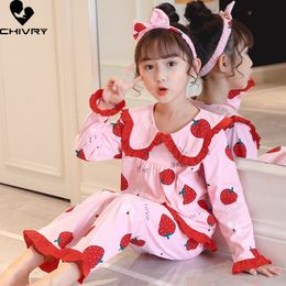 Pyjamas Girls Pyjamas Sets Casual Cartoon Print Long Sleeve Lapel Shirt Tops with Pants Baby Spring Summer Loose Sleeping Homewear 230222