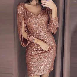 Casual Dresses Sequin Glitter Sexy Dress For Women Deep V Neck Sequins Tassel Long Sleeves Mini Party Female Evening Wrap Hip