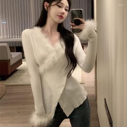 Women's Sweaters V Neck Irregular White Feather Sweater Women Sexy Crop Tops Korean Knitted Slim Waist Black Shirts Sueters De Mujer Jersey