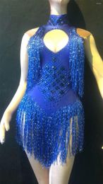 Stage Wear DJ Jazz Dance Costume Nightclub Bodysuit Rave Outfit Sparkly Rhinestones Tassel Stretch Sleeveless Women Show Leotard