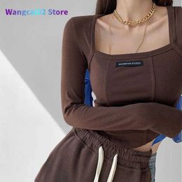 Women's T-Shirt American Style Brown Cropped Top Women Fashion Skinny Sexy Long Sleeve T Shirts Female Casual Square Neck Tees 022223H