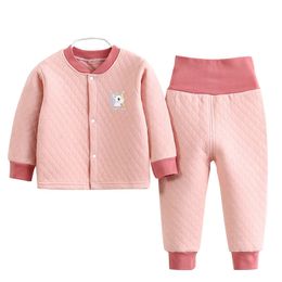 Pyjamas Children Thermal Suit Winter Thicken Warm Clothes Suit Baby Boys Cotton Cardigan Underwear Girls High Waist Sleepwear Suit0-4Y 230222