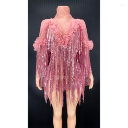 Stage Wear Pink Sparkly Rhinestones Bodysuit Rompers Dance Festival Birthday Celebrity Party Outfit Costume