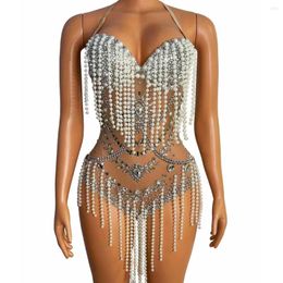 Stage Wear Sparkling Crystal Sexy Mesh Tube Top Sling Ladies Dress Fashion Pearl Tassel Women Party Nightclub Dance Costumes