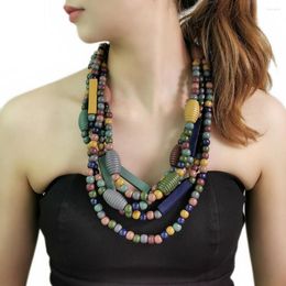 Chains Bohemian Layers Wood Beads Necklace For Women Multicolor Statement Wooden Jewelry Long Pendnat Vintage Design