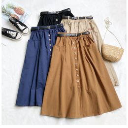 Casual Dresses PEONFLY Autumn Korean Casual Cotton Midi Long Skirt Women Button Pocket Belt A Line High Waist Mid-length Skirt Female 230222