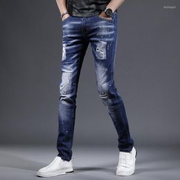 Men's Jeans Blue Ripped Slim Fit Men's Summer Casual Dots Printed Pants Streetwear Patches Denim Trousers CP2184