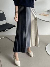 Casual Dresses Autumn Winter Knitting Skirt High Waist Long Pencil Skirt Women Knitted Casual Vintage Maxi Skirt Vintage Warm Thick Midi Stripe 230222