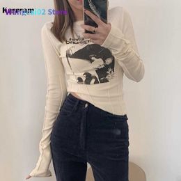 Women's T-shirt Karrram Casual Slim T-shirt for Women O Neck Long Sleeve Sexy Crop Top Grunge Letters Print Female Korean Fashion Clothing 2021 022223H