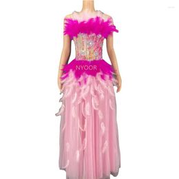 Stage Wear Sparkly Pink Feather Long Dress Women Evening Celebrate Birthday Club Costume Nightclub Dance Outfit