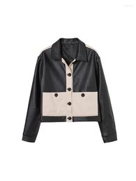 Women's Jackets Women Autumn Winter Turn-down Collar Contrast Color Patchwork Faux Leather Jacket Loose Long Sleeve Design Crop Outerwear