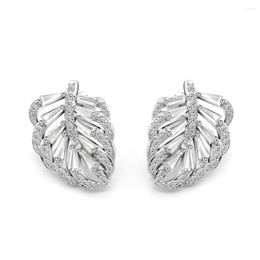 Stud Earrings 925 Sterling Silver For Women Girls Spring Leaf Leaves Clear CZ Zircon Female Fashion Engagement Jewellery