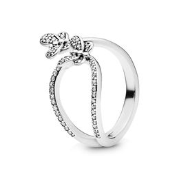 Sparkling Butterfly Open Ring Real Sterling Silver for Pandora Fashion Wedding Jewelry For Women Girlfriend Gift CZ Diamond designer Rings with Original Box