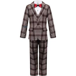 Clothing Sets Spring Autumn Children's Plaid Formal Slim Suit Boys Wedding Party Performance Dress Kids Blazer Vest Pants Bowtie Clothes