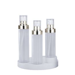 Empty Packing Plastic Frosted Bottle 100ml 120ml 150ml Flat Shoulder PET Gold Collar White Spary Press Pump Portable Refillable Cosmetic Packaging Container
