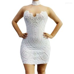 Stage Wear Sexy Hatler Backless Bodycon Short White Dress Shiny Rhinestones Evening Party Prom Birthday Nightclub Bar Outfit