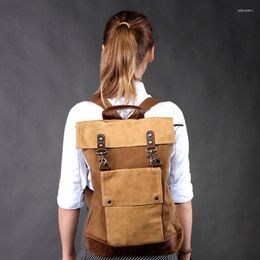 School Bags Retro Ladies Waterproof Laptop Backpack Student Bag Large-capacity Canvas Top Layer Cowhide Multifunctional Travel