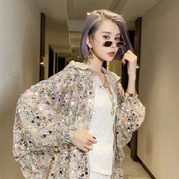 Womens Jackets Xpqbb Luxury Shiny Sequin Jacket Women Fashion Streetwear Loose Zip Bling Hooded Coats Woman Trendy Long Sleeve Mesh Coat 230222