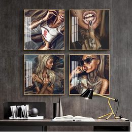 Posters Canvas Painting For Living Room Abstract Cool Tattoo Girl Pictures Sexy Women Graffiti Street Art Portrait Woo