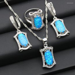 Necklace Earrings Set Delicate Silver Colour Wedding For Women Blue White Opal Pendant Ring Halloween Gift