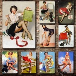 Vintage Metal Tin Sign Sexy Girl Posters Beauty Girl Service Tin Signs Sticker for Bar Pub Decoration Metal Plate Poster Girl Metal Painting Decor Size 30X20cm w01