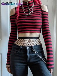 Women's T-Shirt Goth Dark Grunge Striped Mall Gothic Basic T-shirts Punk E-girl Aesthetic Bodycon Casual Crop Tops Long Sleeve Open Shoulder Tee 022223H