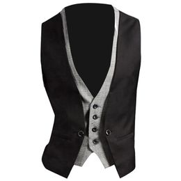 Men's Vests Men Formal Waistcoat Business Solid Colour Single Button gilet Fake Twopieces V Neck Casual Slim chalecos para hombre 230222