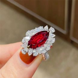 Women Wedding ring European and American style artificial red crystal ruby zircon diamond white gold plated sweet ring girlfriend party jewelry gift adjustable