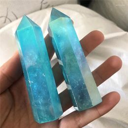 Decorative Figurines Blue Aura Natural Clear Quartz Wand Point Crystal Healing Stones For Sale