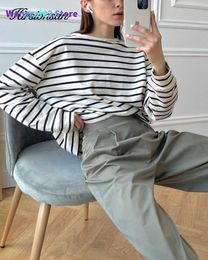 Women's T-Shirt Hirsionsan 2022 Basic Thick Stripes T Shirts Women Autumn Long Sleeves Loose Bottom Ladies Casual Knitted Cotton Woman Clothing 022223H