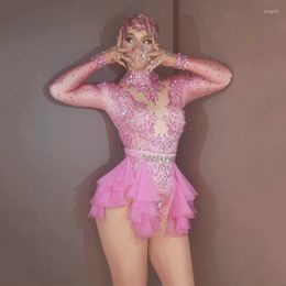 Women's Two Piece Pants Sparkly Rhinestones Pink Printed Lace Bodysuit Crystal Leotard Lady Birthday Party Outfit Nightclub Dance