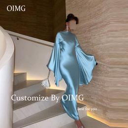 Party Dresses OIMG Light Blue Silk Arabic Women Formal Flare Long Sleeves Criss Cross Straps Back Simple Prom Evening Gowns 230222