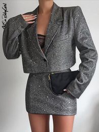 Two Piece Dress Glitter Blazer Set Long Sleeve Cropped Bling Mini Skirt Suits Party Club Outfits Streetwear Black 230222