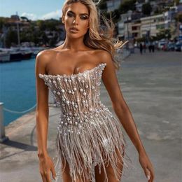 Stage Wear Luxurious Silver Rhinestones Chains Crystal Pearls Dress Birthday Celebrate Party Sexy Mesh Fringes Performance Costume