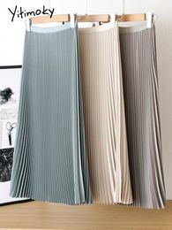 Casual Dresses Yitimoky Long Pleated Skirts for Women Spring Fall Chic Elastic Band Fashion A Line Elegant Office Ladies Luxury Midi Skirt 230222