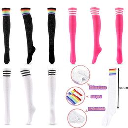 5PC Socks Hosiery Women Compression Socks Rhinestone Striped Stockings Breathable Cotton Over Knee High Black Stockings For ClubPartyCosplay Z0221