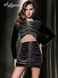 Two Piece Dress Ailigou Fall Black Sexy Skinny Party Ladies Outfit Fringe Beaded 2 Bandage Top Skirt Suit Club Costume 230222