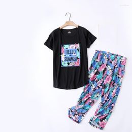 Women's Sleepwear 2023 Summer Female Casual Cartoon Pyjama Sets Ladies Cotton Suit Women Round Collar T Shirt & Calf-Length Pants