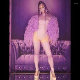 Stage Wear Fashion Purple Rhinestones Jumpsuit Women Mesh Sleeve Crystal Party Outfit Club Prom Dancer Leotard Performance Costume