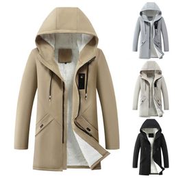 Men's Jackets Fashion Jacket Coat Solid Colour Mid-Length Fleece Lining Hooded Zipper Windbreaker Casual Overcoat Men CoatMen's