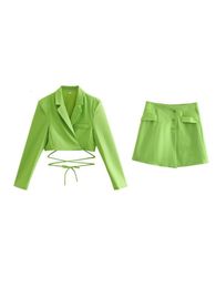 Two Piece Dress TRAF Women Fashion TwoPiece Suit Lacing Cropped Blazer Coat With Pockets Button Fitted Mini Skirt Streetwear 230222