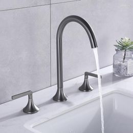 Bathroom Sink Faucets Basin Mixer Gun Gray Brass Deck Mounted Square 3 Hole Double Handle And Cold Water Taps