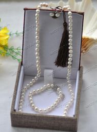 Choker Z12414 Set Jewelry Box 27" 9mm Round White Pearl Necklace Bracelet Earring